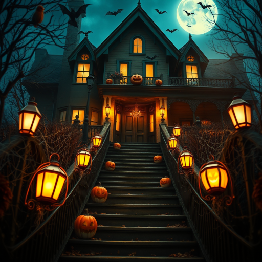 airbrushed oil painting, halloween theme, a haunted house, stairs, highly decorated, illuminated, lanterns, jack o'lantern, bats, webcobs