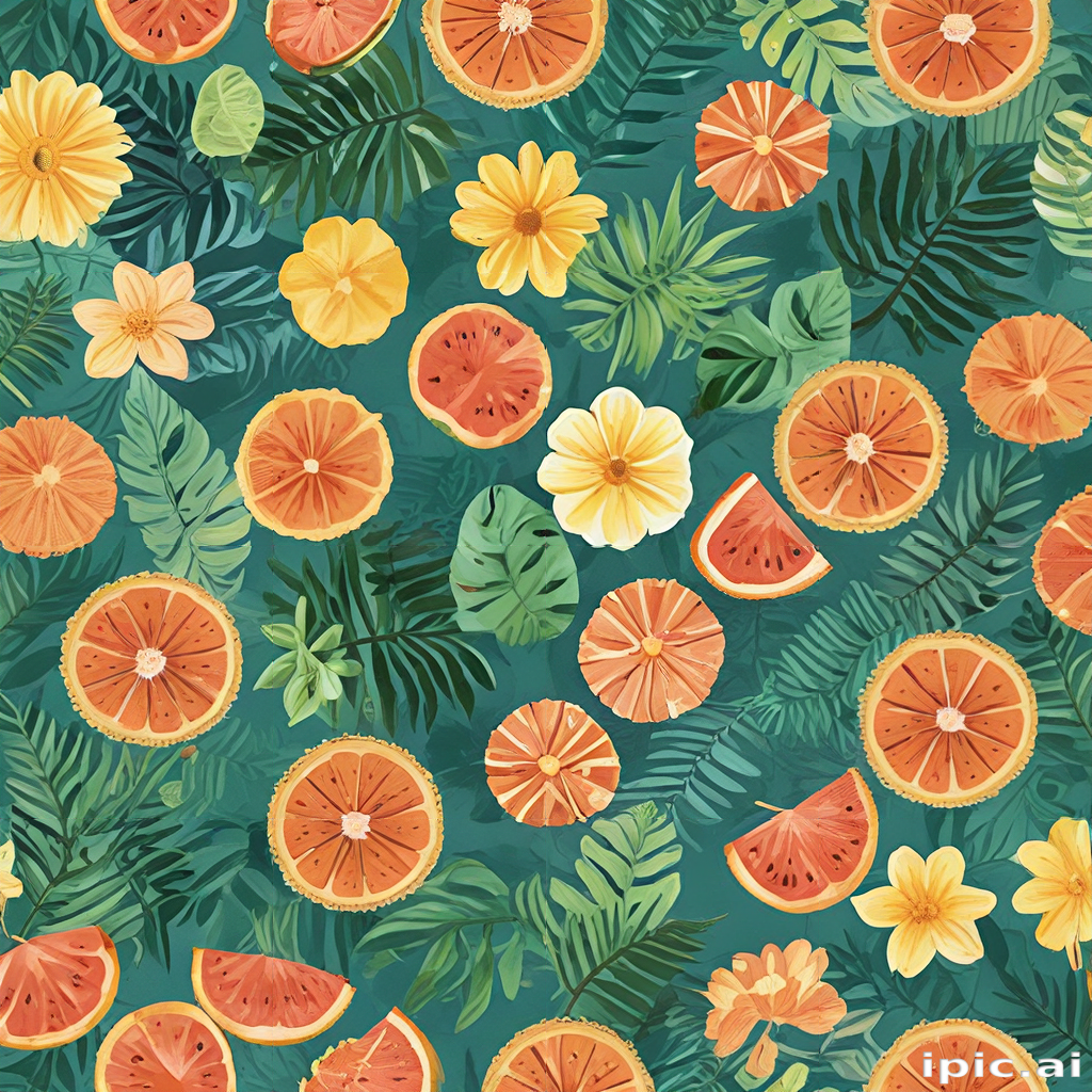 Vibrant Tropical Pattern Featuring Citrus Fruits and Lush Greenery ...