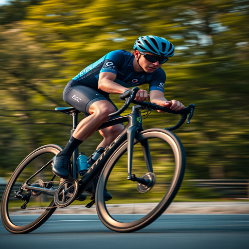 cycling athlete in a blue jersey speeding up on a sleek black road bike captured with a Canon EOS R5, 85mm lens, f/2.8 aperture, ISO 100, shutter speed 1/2000s, natural lighting, shallow depth of field, dynamic angle from a low perspective for dramatic effect.
