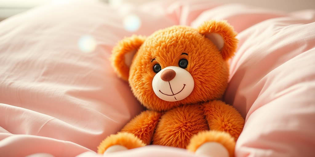A cute orange teddy bear with a friendly expression sitting beside soft pink pillows, warm indoor lighting, shallow depth of field, DSLR camera, 50mm lens, f/1.8 aperture, ISO 100, natural light.