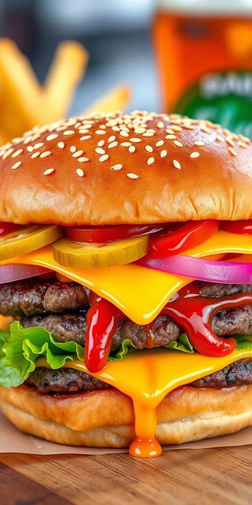 High-resolution, close-up image of a gourmet double cheeseburger. The burger features a glossy, sesame-seed-topped brioche bun. Inside, there are two thick, juicy beef patties, each topped with melted cheddar cheese. The burger is garnished with fresh lettuce, tomato slices, diced onions, and pickles. A generous amount of ketchup and a creamy, orange-colored sauce is dripping down the sides, adding to the mouth-watering appeal. In the background, there are blurred elements including a side of golden French fries and a hint of a beverage, enhancing the overall presentation of a delicious meal.