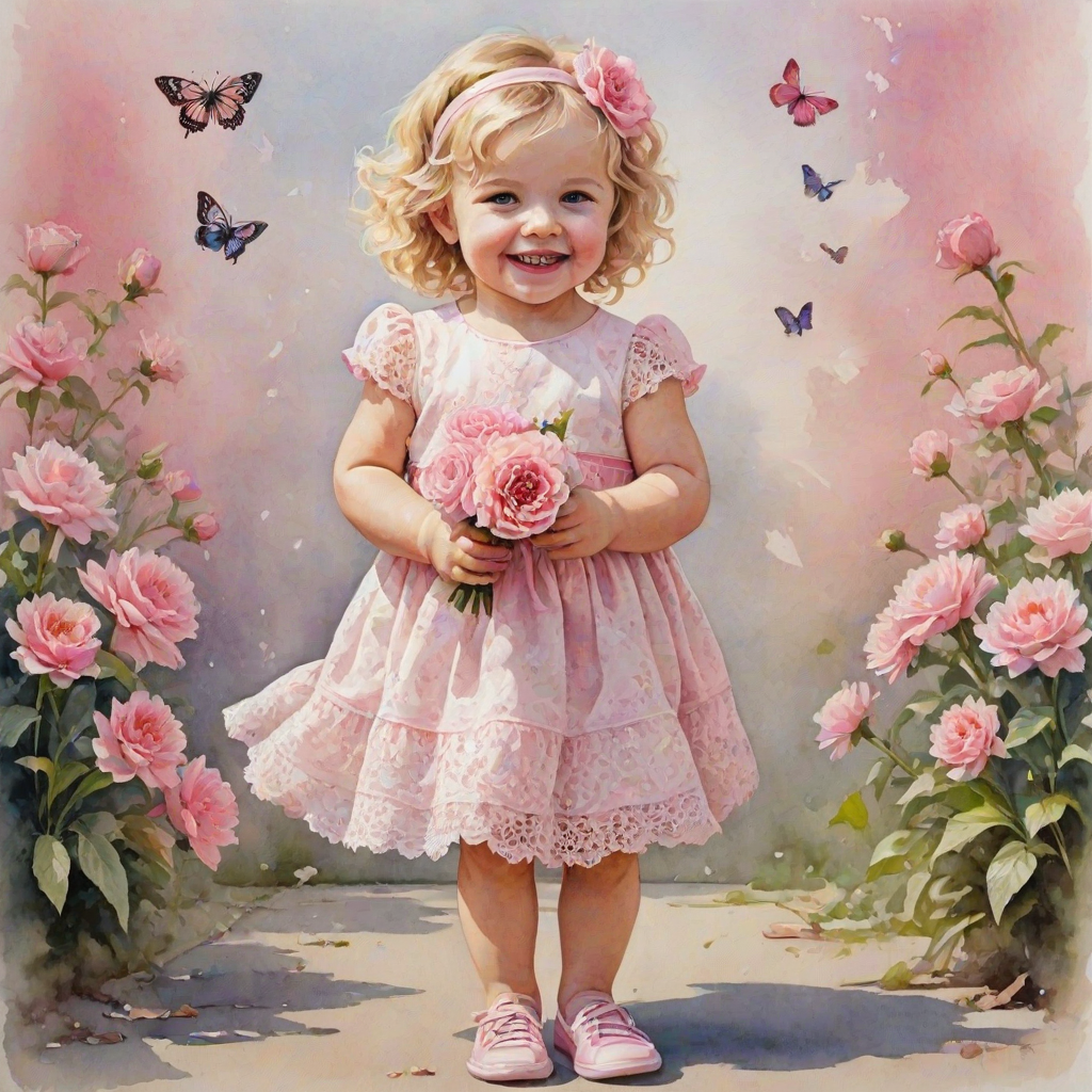 hyperrealism happy smiling toddler girl with messy wavy blonde hair with a headband, she is wearing a pink and white lace dress with pink and white shoes, she is holding a pink bouquet of flowers. Pink flowers and butterflies. summer background. Watercolor Highly detailed