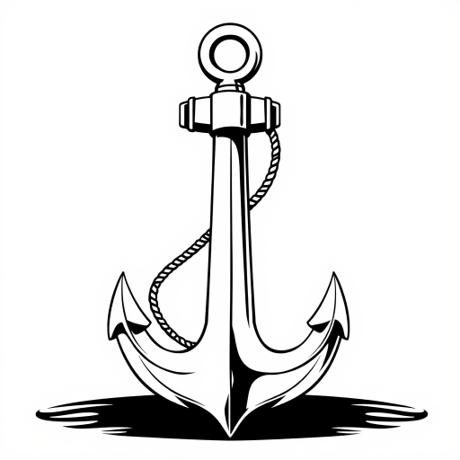 Create a high-resolution monochrome illustration of a traditional anchor, featuring clean lines and intricate details, captured with a Canon EOS 5D Mark IV at f/8, ISO 100, and a 50mm lens from a straight-on view.