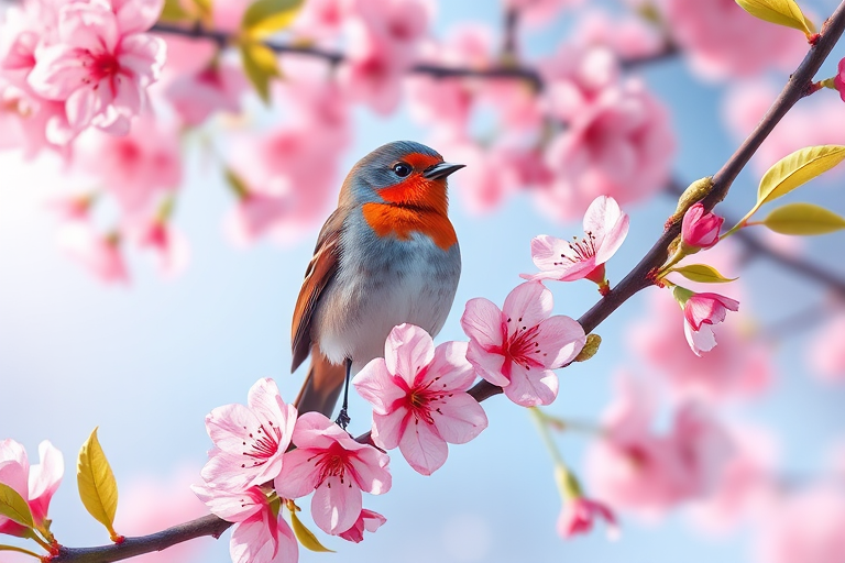 Create a vibrant illustration of a bird perched on a blooming cherry blossom branch with detailed petals and leaves, using high-resolution settings, focal length of 50mm, aperture f/2.8, and a DSLR camera style for enhanced depth and clarity.