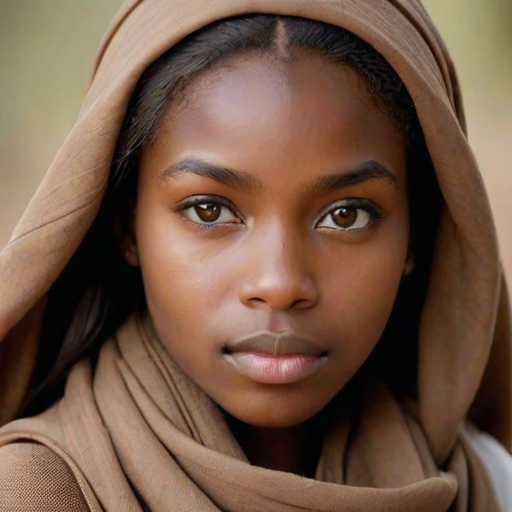 Create a portrait of a young Zulu female with long, dark hair and captivating hazel eyes. She is wearing a brown headscarf and a matching scarf draped gracefully around her neck. The background is softly blurred, focusing attention on her serene and natural expression. The overall color palette is muted and warm, enhancing the intimate and authentic feel of the portrait.