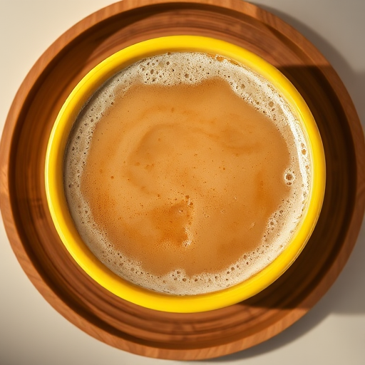 A top-down view of a frothy beverage in a round yellow bowl nested in a wooden plate, captured with a DSLR camera at f/2.8, ISO 200, 1/60 sec, natural light for soft shadows and vibrant colors.