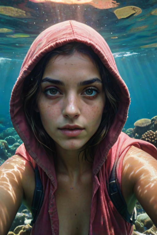 Realistic selfie image of a Romani, wearing a vintage outfit, detailed dreamy eyes, droopy hooded eyes, staring at the camera, taken underwater at coral reef with a sunbeam filtering through the water, vibrant, summer vacation, natural lighting, turtle and school of tropical fish with vibrant colors, rendered in the style of CryEngine, Pegi Nicol MacLeod, with realistic genre scenes, hauntingly beautiful narratives, ultra-realism, and Thomas Saliot's close-up technique, 8K resolution, crystal clear and sparkling water.