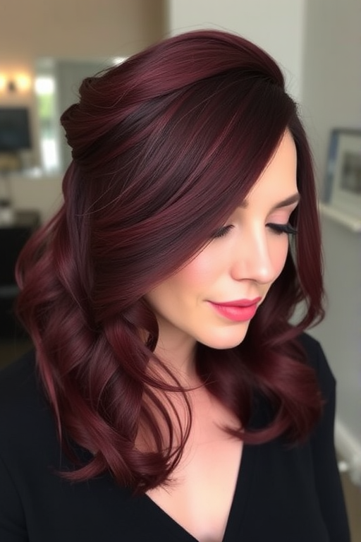 Deep burgundy hair fashioned into a classic French twist called "Bordeaux Elegance," showcases a smooth, polished finish with subtle volume at the crown, exuding timeless sophistication and refinement