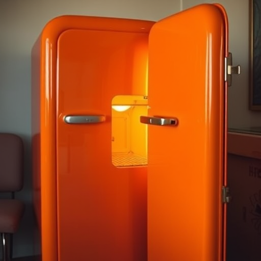 Generate a high-resolution image of a retro orange refrigerator with the door slightly open, showcasing its interior lighting, captured from a slight diagonal angle using a DSLR camera with a 50mm lens at f/2.8, ISO 100, and a shutter speed of 1/125 sec for depth of field and clarity.