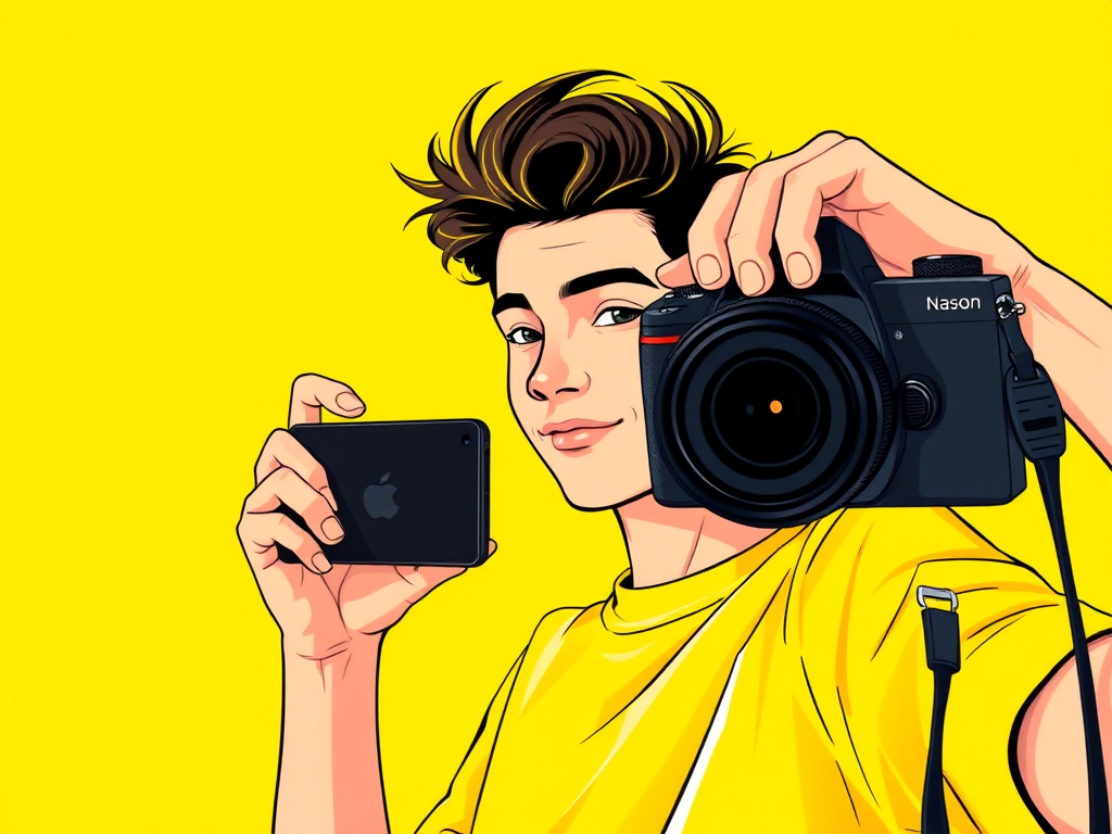 Create a vibrant digital illustration of a person taking a selfie against a bright yellow background, using a 50mm lens with an aperture of f/1.8, shooting from a slightly low angle for a dynamic perspective with a DSLR camera for high image quality.