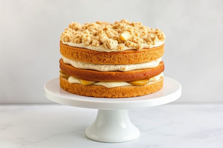 Create an image of a layered cake with visible layers of sponge cake and creamy filling topped with a crumbly topping on a white cake stand set against a neutral background. The cake should have a rustic and homemade appearance with hints of apple filling peeking through the layers.