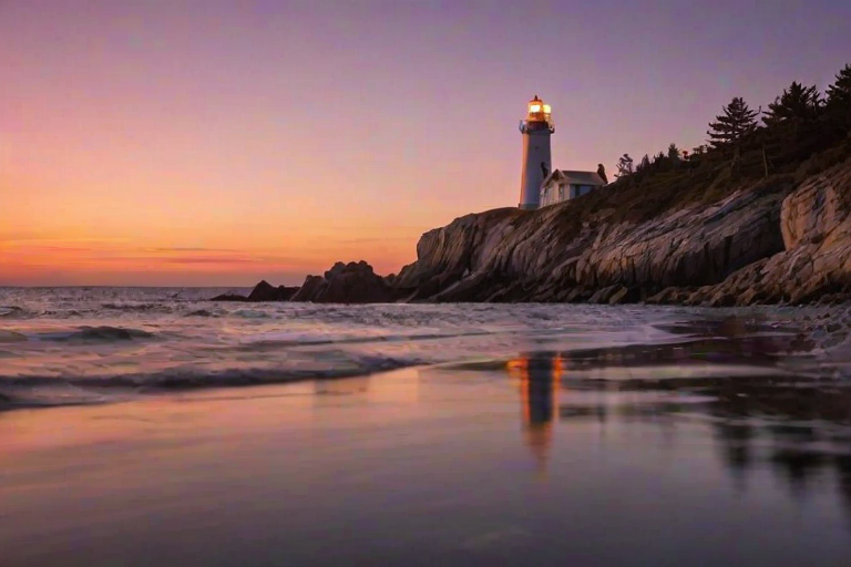 Generate an image of a tall lighthouse perched on a rocky outcrop surrounded by calm ocean waters during a breathtaking sunset. The lighthouse stands sturdy and weathered, its stone surface illuminated by the warm golden light of the setting sun. The sun's rays pass directly through the glass lantern room at the top of the lighthouse, casting a brilliant light across the scene. The sky is painted with vibrant shades of orange, pink, and purple, reflecting off the tranquil sea. The surrounding water shimmers with the same warm hues, creating a serene and majestic atmosphere.