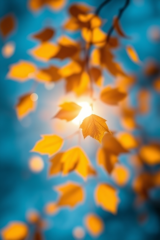 Create an abstract image of warm golden leaves swirling against a blue background with a bright light source, using a Canon EOS R5 camera, 50mm f/1.2 lens, aperture f/2.8, shutter speed 1/200s, ISO 100, soft focus style.