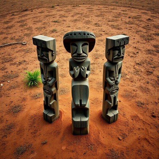 Regenerate the image of five ancient, carved wooden totems arranged in a circular formation on a dirt patch, captured with a DSLR camera at f/8, ISO 100, 35mm focal length, using a wide-angle lens to enhance depth of field and clarity.