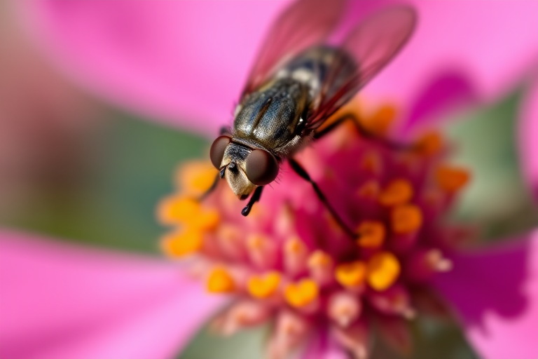 Close-up macro shot of a fly on a pink flower, shallow depth of field, aperture f/2.8, ISO 200, shutter speed 1/500 sec, natural light, DSLR camera, 100mm macro lens, vibrant colors.