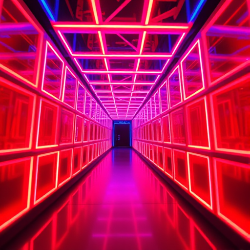 Create a neon-lit tunnel of rotating squares in red and blue hues, vibrant and glowing, with a focus on depth and perspective, captured using a DSLR camera with a 24mm lens, f/2.8 aperture, ISO 100, and a low-angle view to enhance the sense of motion and space.