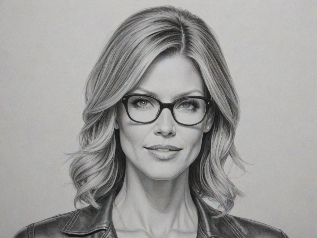 Radiant Tricia Helfer, pencil sketch, portrait of Wonderful woman 1964s in glasses, hair style beatnik, outline, clear lines, fine lines, 8k