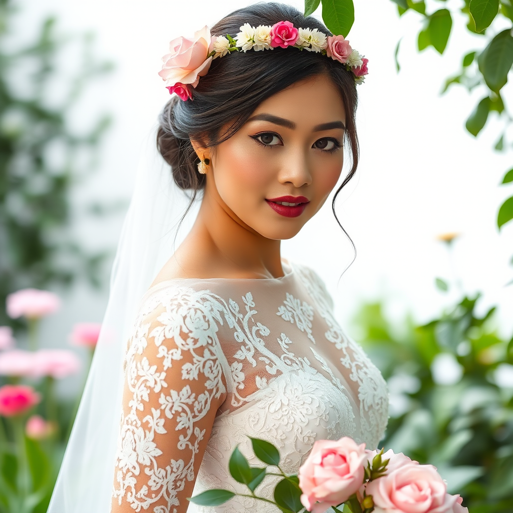 garden scene, Filipina bridal model, delicate lace gown, floral headpiece, soft romantic focus, high-key lighting and an 85mm lens for soft, even tones that highlight the model’s face and bright outfit against a white or light background