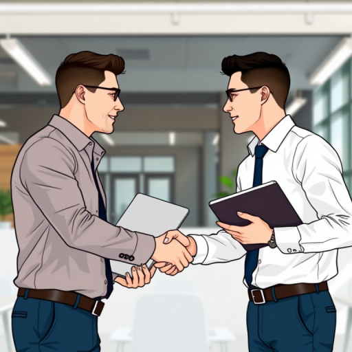 Create a high-resolution illustration of two professionals shaking hands, one holding a laptop and the other holding a notepad, set against a modern office background, using a DSLR camera with a 50mm lens, f/1.8 aperture, ISO 100, natural lighting, and a shallow depth of field to enhance clarity and focus.