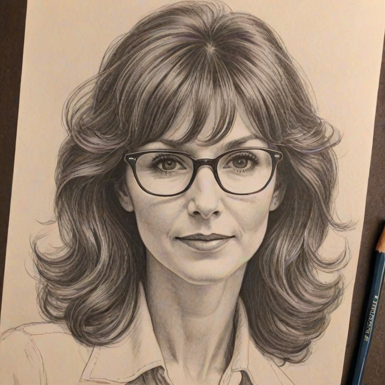 Gorgeous Mary Steenburgen, pencil sketch, portrait of Graceful woman 1970s in glasses, hair style beatnik, outline, clear lines, fine lines, 8k