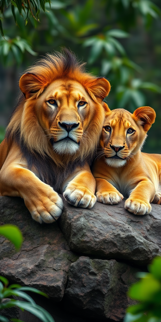 A close-up shot of a male and female lion resting on a rocky outcrop in a lush jungle setting, captured with a Canon EOS 5D Mark IV, 50mm lens, f/2.8 aperture, ISO 100, and a shallow depth of field for enhanced background blur.