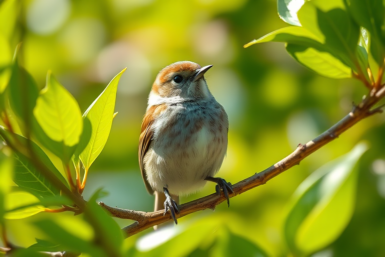 a detailed close-up of a small bird perched on a branch, surrounded by lush green leaves, shot with a Canon EOS R5, 85mm f/1.2 lens, aperture set to f/2.8, shutter speed 1/200s, ISO 200, natural sunlight illumination, shallow depth of field, vibrant colors and sharp details.