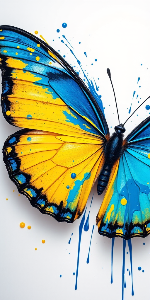 Create a vibrant and abstract depiction of a butterfly with blue and yellow wings, featuring splashes of paint and dynamic lines, shot with a Canon EOS R5, 85mm lens, f/1.4 aperture, ISO 100, in a soft, diffused studio light setup to enhance color depth and detail.