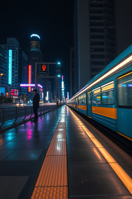 Create a vibrant cityscape at night featuring a lone figure on a subway platform with glowing neon lights reflecting on wet surfaces, using a DSLR camera with a 24mm lens, aperture f/2.8, ISO 400, and a long exposure of 2 seconds for enhanced light trails and depth of field.
