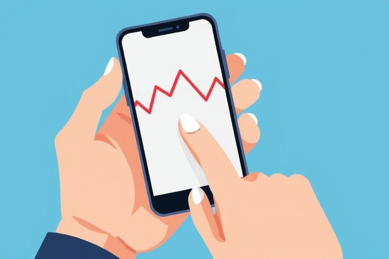 Create an illustration of a hand holding a smartphone displaying a red graph with fluctuating lines and a finger touching the screen, using a minimalistic style, captured with a 50mm lens at f/1.8 for a shallow depth of field, with soft daylight lighting and a clean blue background.