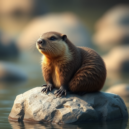 Photorealistic illustration of a beaver sitting on a rock with detailed fur texture, natural lighting, shallow depth of field, 35mm lens, f/2.8 aperture, ISO 100, soft background.