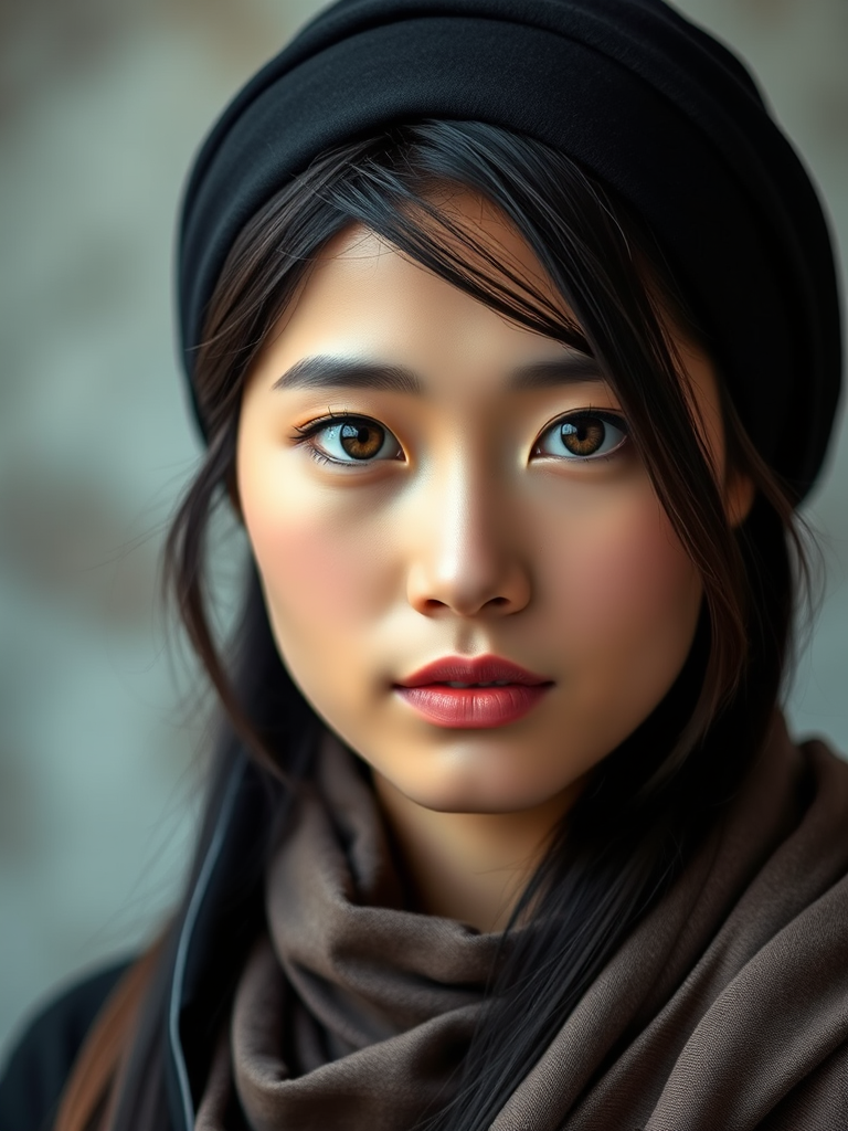 Create a portrait of a young Vietnamese woman with long, dark hair and captivating hazel eyes. She is wearing a black headscarf and a matching scarf draped gracefully around her neck. The background is softly blurred, focusing attention on her serene and natural expression. The overall color palette is muted and warm, enhancing the intimate and authentic feel of the portrait.