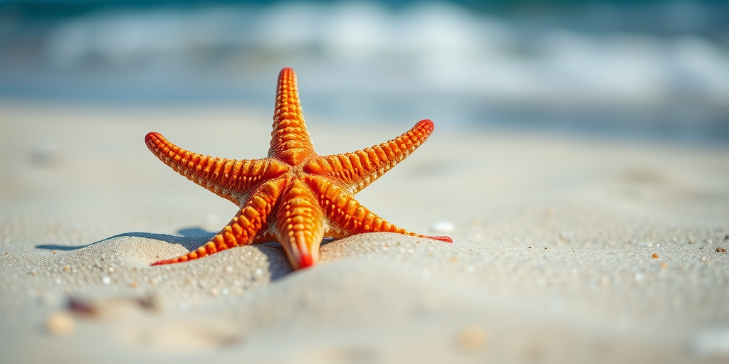 Create a high-resolution image of a starfish on a sandy beach, using a macro lens at f/2.8, ISO 100, and a shutter speed of 1/200s, with a shallow depth of field and soft natural lighting for enhanced detail and color vibrancy.