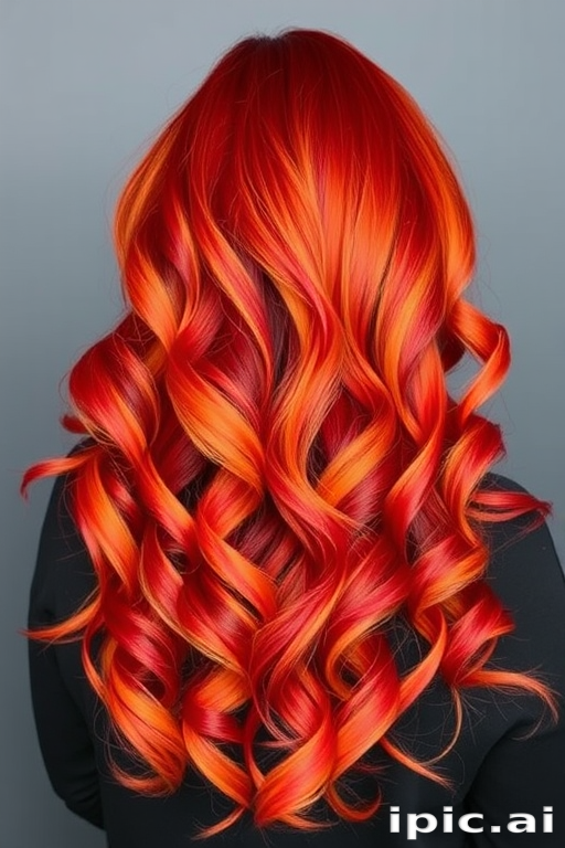 Fiery ombre locks transitioning from deep crimson roots to brilliant orange tips, styled in voluminous curls, dubbed "Phoenix Rising" hair, with subtle smoky undertones