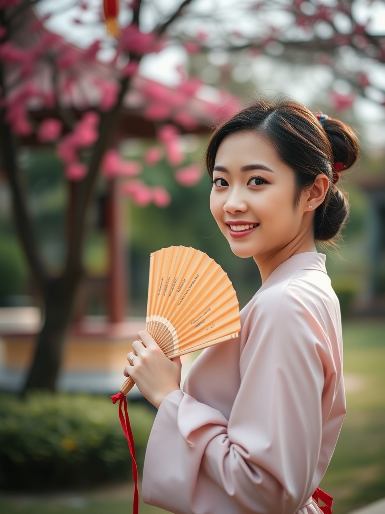 portrait of a person holding a traditional fan in a serene outdoor setting, soft natural lighting, f/2.8 aperture, 50mm lens, ISO 200, shallow depth of field, taken with a DSLR camera, side view composition