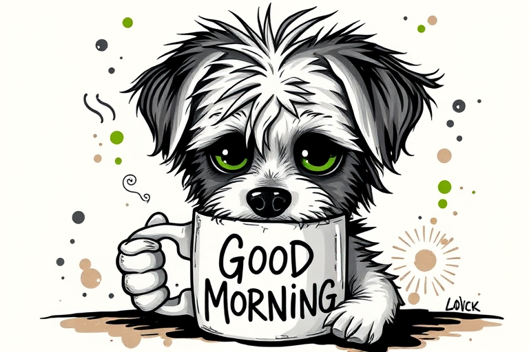 A quirky, artistic illustration of a disheveled peekapoo dog breed with exaggerated, large eyes and spiky fur, holding a coffee mug that reads "Good Morning". The dog has a tired but humorous expression, with ink splatters and abstract details surrounding it, giving a whimsical feel to the image. The color palette is mostly monochrome with hints of green in the eyes and steam rising from the mug, enhancing the overall sleepy vibe