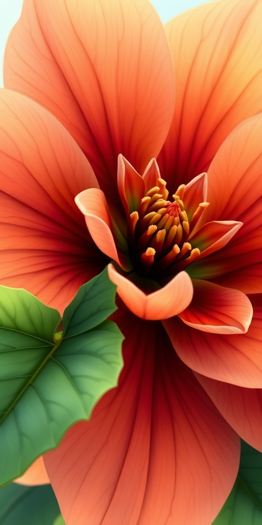 Create a vibrant illustration of a large flower with intricate petals in peach and brown shades, accompanied by lush green leaves, captured in a macro shot using a DSLR camera with a 50mm lens at f/2.8, ISO 100, and a shallow depth of field to enhance detail and clarity.