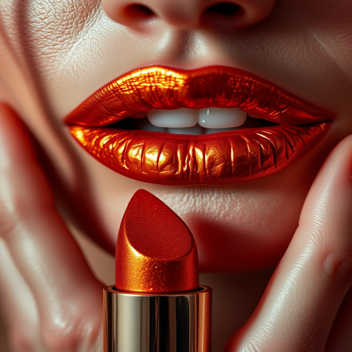 Hypnotic woman lips featuring a metallic copper lipstick, warm and rich, reflecting light uniquely, adding depth and dimension to the lips