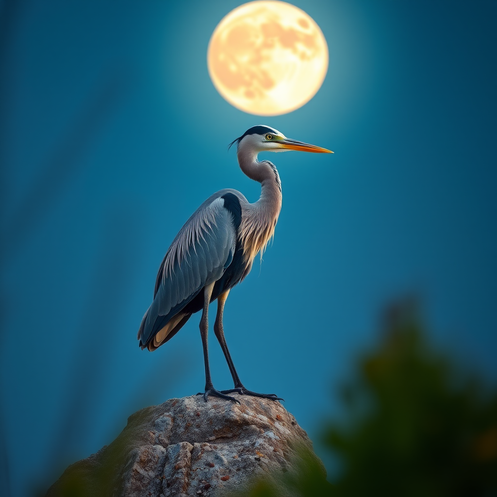 heron standing on a rock with a full moon in the background, photo realistic style, taken with a Canon EOS R5, 85mm lens, aperture f/1.8, ISO 200, shutter speed 1/250s, soft focus on the moon, vibrant colors, high dynamic range