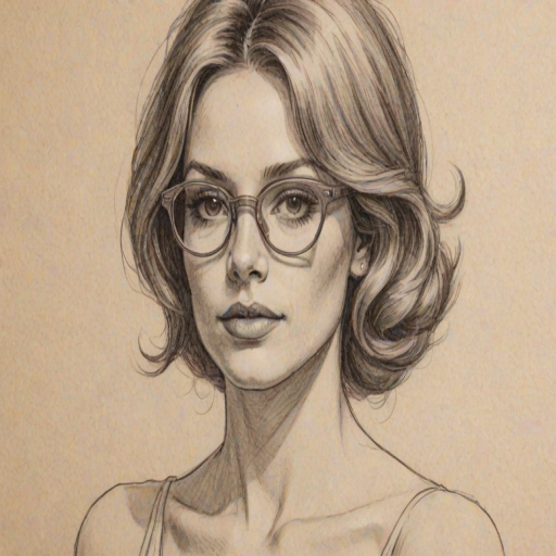 Enchanting Zoe Laverne, pencil sketch, portrait of Bewitching woman 1971s in glasses, hair style beatnik, outline, clear lines, fine lines, 8k