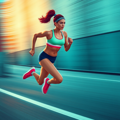 Create a dynamic illustration of a woman running in sportswear, with a focus on athleticism, vibrant colors, and a blurred background to emphasize motion, captured with a DSLR camera at ISO 200, f/2.8, 1/500s, using a 50mm lens, in a low-angle perspective to enhance the sense of speed.