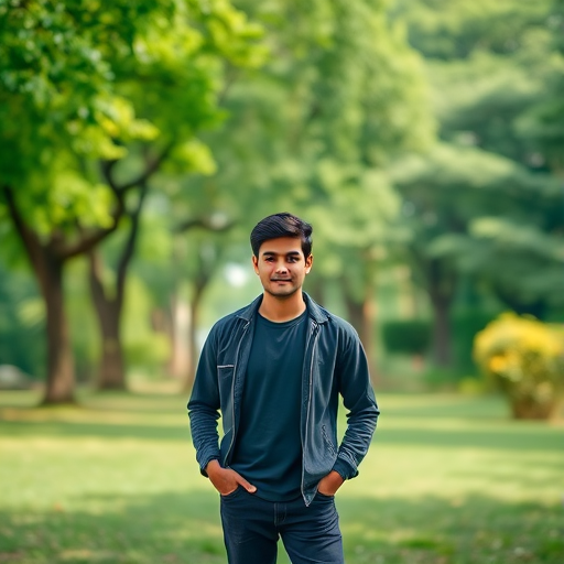 Generate an image of a person standing in a serene park setting with lush greenery, using a DSLR camera at aperture f/1.8, shutter speed 1/200s, ISO 100, with a shallow depth of field and composed at eye level for a natural perspective.