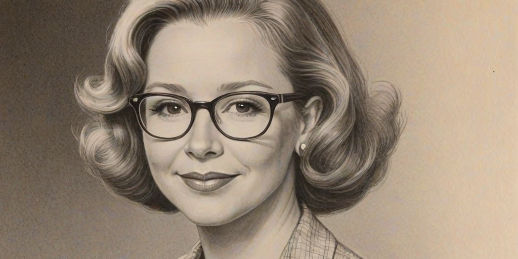 Gorgeous Debra Jo Rupp, pencil sketch, portrait of Appealing woman 1939s in glasses, hair style beatnik, outline, clear lines, fine lines, 8k