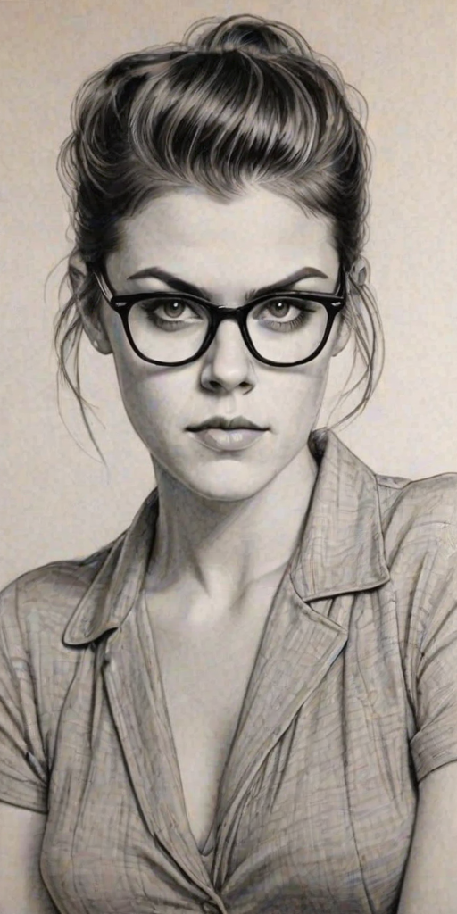 Lovely Lindsey Shaw, pencil sketch, portrait of Appealing woman 1936s in glasses, hair style beatnik, outline, clear lines, fine lines, 8k