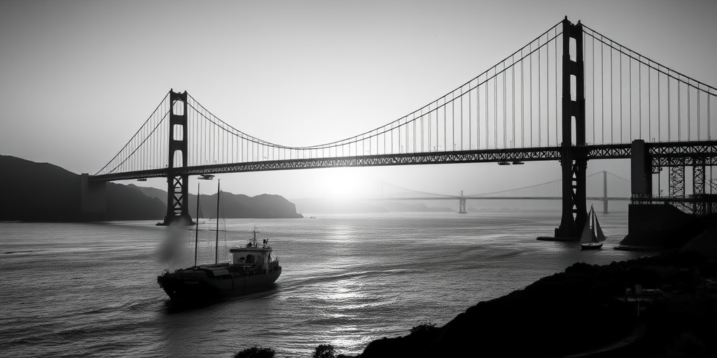a high-resolution black and white image of the Golden Gate Bridge with a cargo ship and a sailboat nearby, captured at golden hour using a Canon EOS R5, 50mm lens, aperture f/8, ISO 100, shutter speed 1/250s, wide-angle view, focusing on the bridge and water for enhanced detail