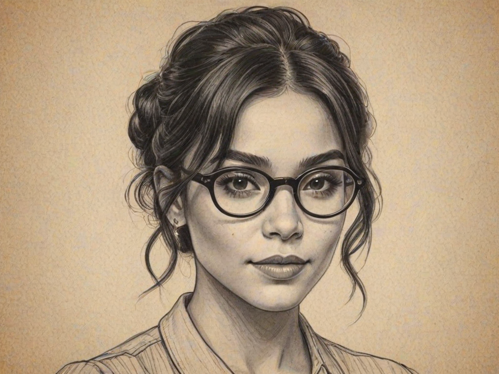 Comely Vanessa Hudgens, pencil sketch, portrait of Fetching woman 1930s in glasses, hair style beatnik, outline, clear lines, fine lines, 8k