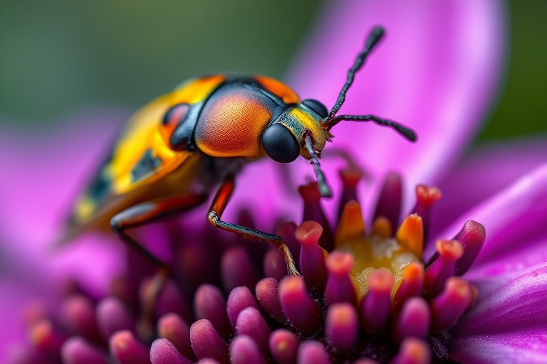 Macro shot of a colorful bug perched on a flower, sharp focus to enhance details, shallow depth of field, f/2.8 aperture, 1/200s shutter speed, ISO 200, using a DSLR camera with a 100mm macro lens for vivid colors and textures.