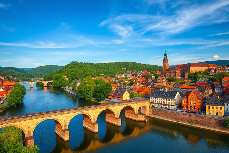 Capture a vibrant aerial view of Heidelberg, Germany, showcasing the old bridge and picturesque buildings along the river with lush green hills in the background, using a DSLR camera set to f/8 aperture, ISO 100, shutter speed 1/250 sec, and a wide-angle lens at 24mm.