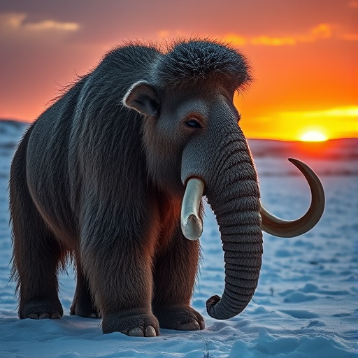 Create a highly detailed image of a woolly mammoth standing in a snowy landscape during sunset, captured with a Canon EOS 5D Mark IV, 24-70mm lens, f/8 aperture, ISO 100, 1/200s shutter speed, using a wide-angle view in vibrant colors to emphasize texture and atmosphere.