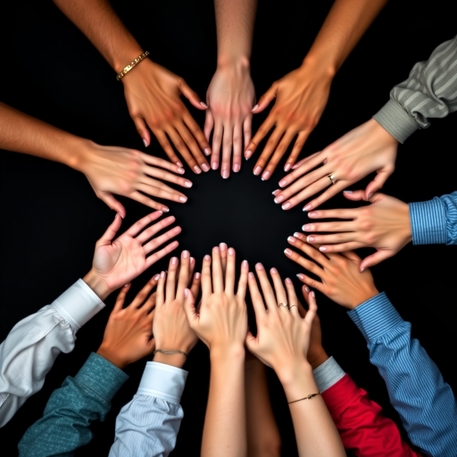Generate an image of diverse hands reaching outwards towards the center on a black background, high-resolution, using a 50mm lens at f/2.8, with vibrant colors and sharp contrast, viewed from a top-down perspective with a shallow depth of field, shot with a DSLR camera.