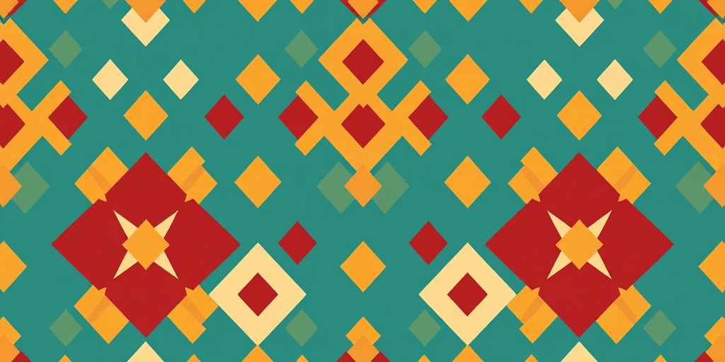 Create a high-resolution image of a geometric pattern featuring alternating diamond and lozenge shapes in earthy tones of red, yellow, and cream on a teal background, shot with a DSLR camera at ISO 100, f/8 aperture, 50mm lens, and a standard view for clarity and detail.